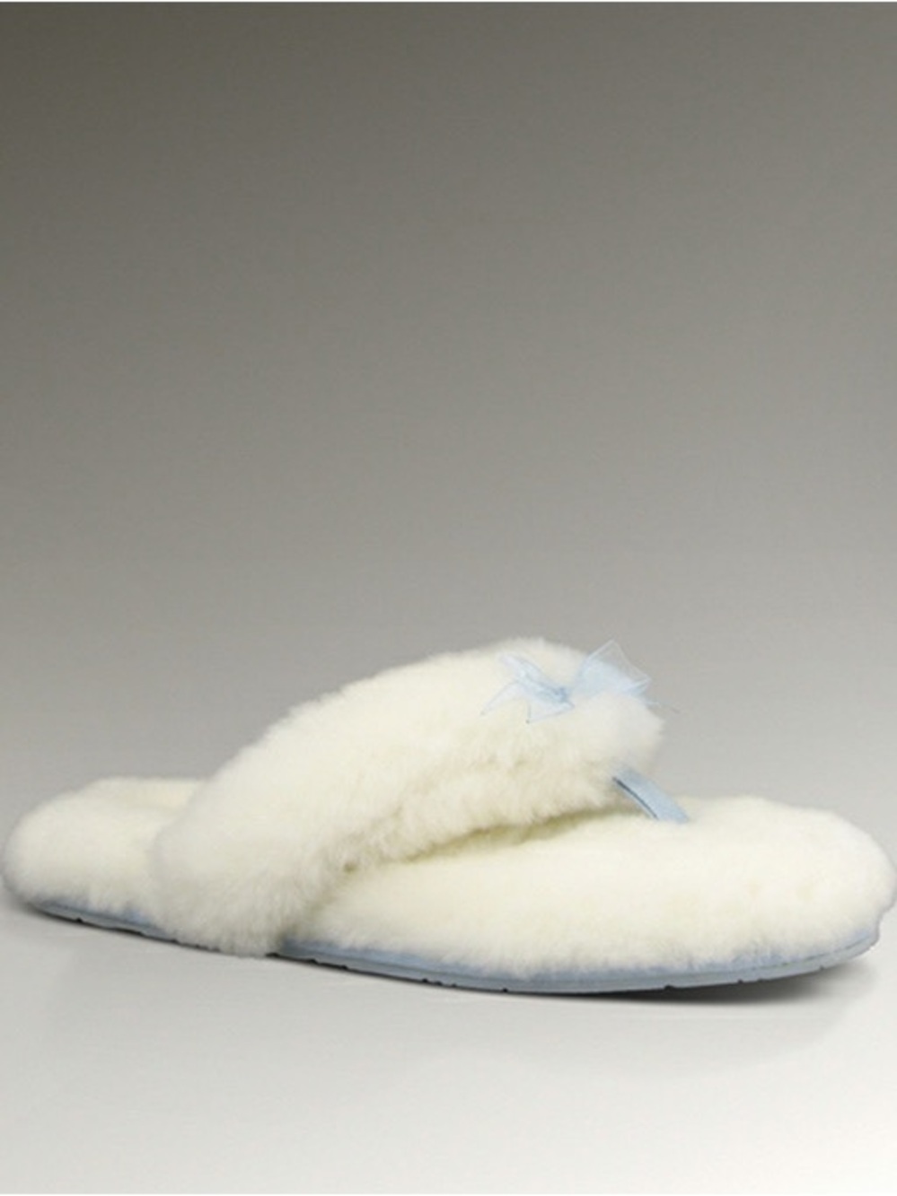 UGG White fluff Flip Flop Slippers with Light Blue Bow